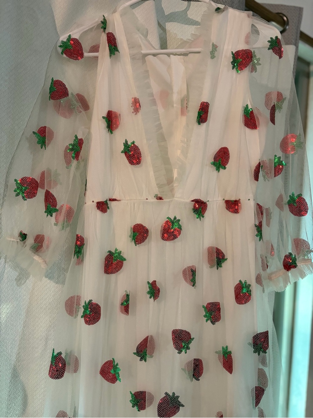 Coquette Strawberry Embroidered Tulle Dress - White with Red Strawberries